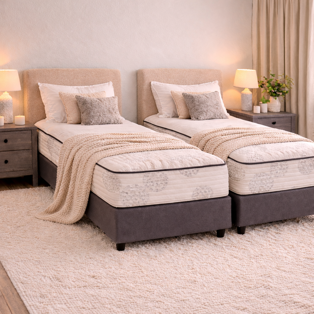 single beds cream headboards